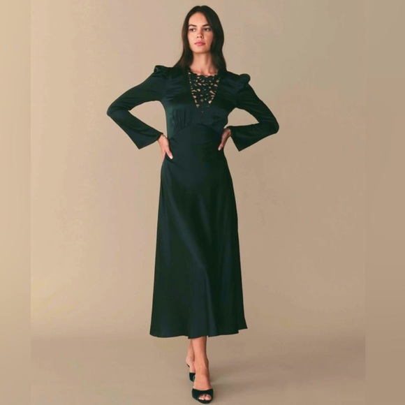 Doen Dresses & Skirts - Doen Melinda Heirloom Silk Long Sleeve Dress in Alpine Green